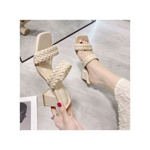 Women's Braided Heels Mules Sandals Square Open Toe Dress Ladies Slippers-Beige