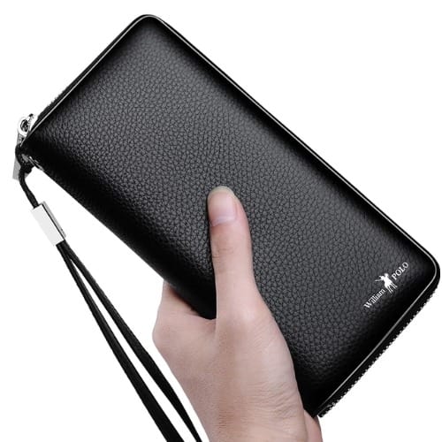 Men's Leather Zipper Wallet - Black + Free Gift