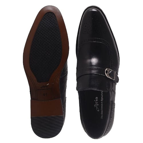 Men’s Leather Slip On Shoe With Buckle - Black - MSH-4406