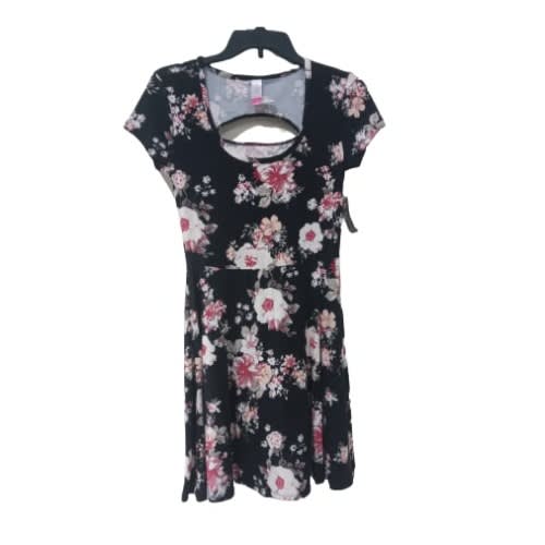 Women's Short Dress- Black With Rose Pattern