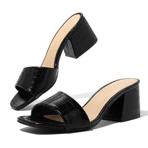 Mock Croc Thick Heel American Slippers- Black