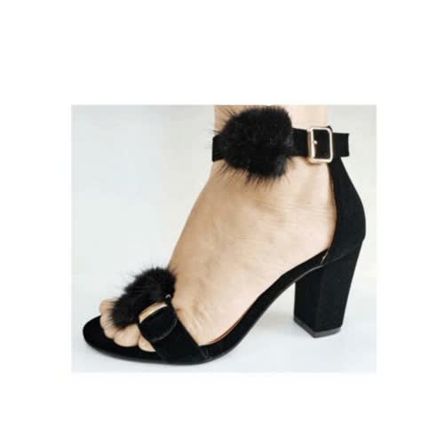 Ball Fur Blocked Heel Sueded Women Sandal