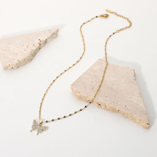 Cute Butterfly Pendant Crystal Necklace- Gold