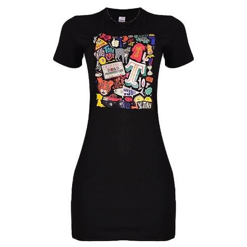 Round Neck Print Shirt Dress- Black