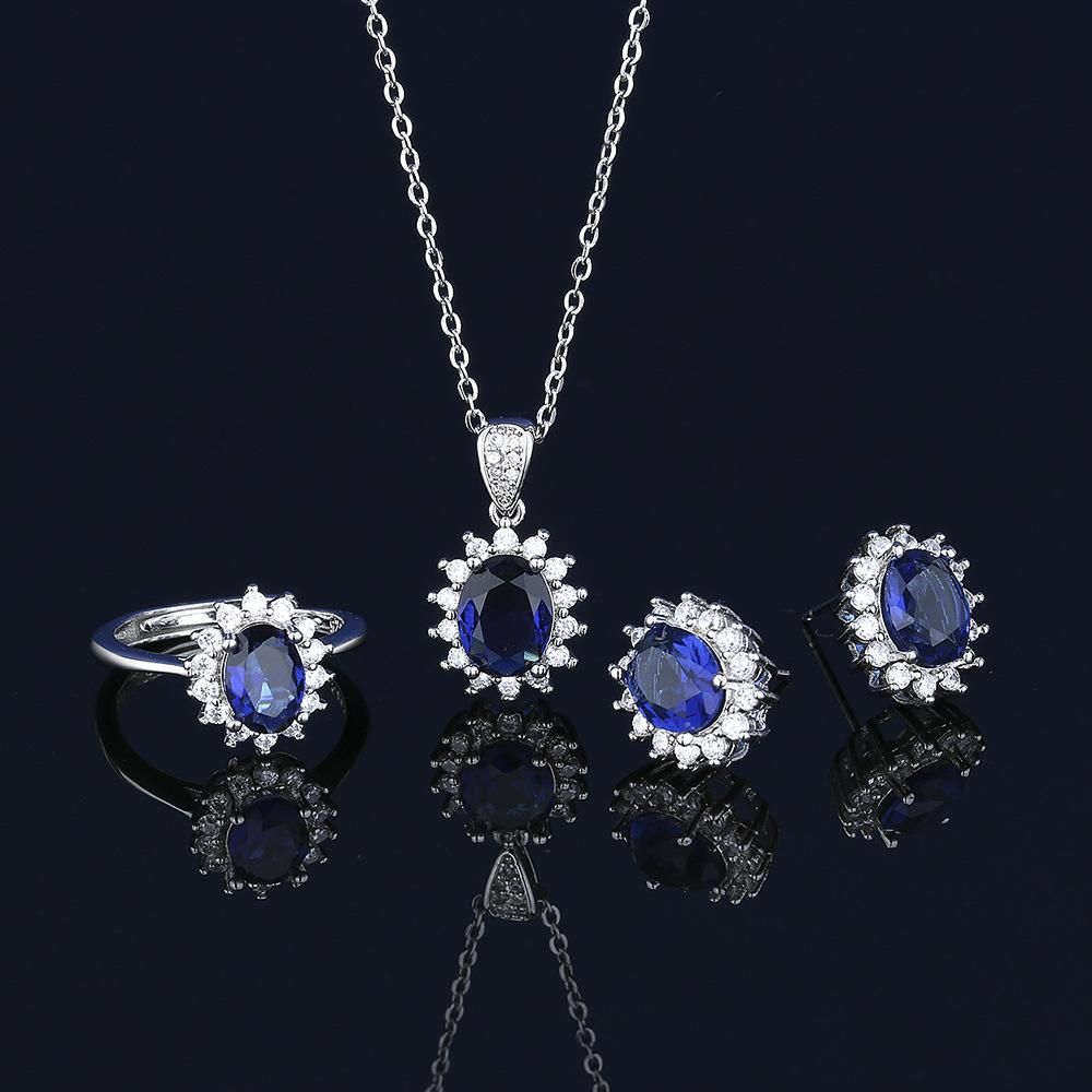 3-pcs Heart of Ocean Sapphire Micro Setting Ring Necklace Set