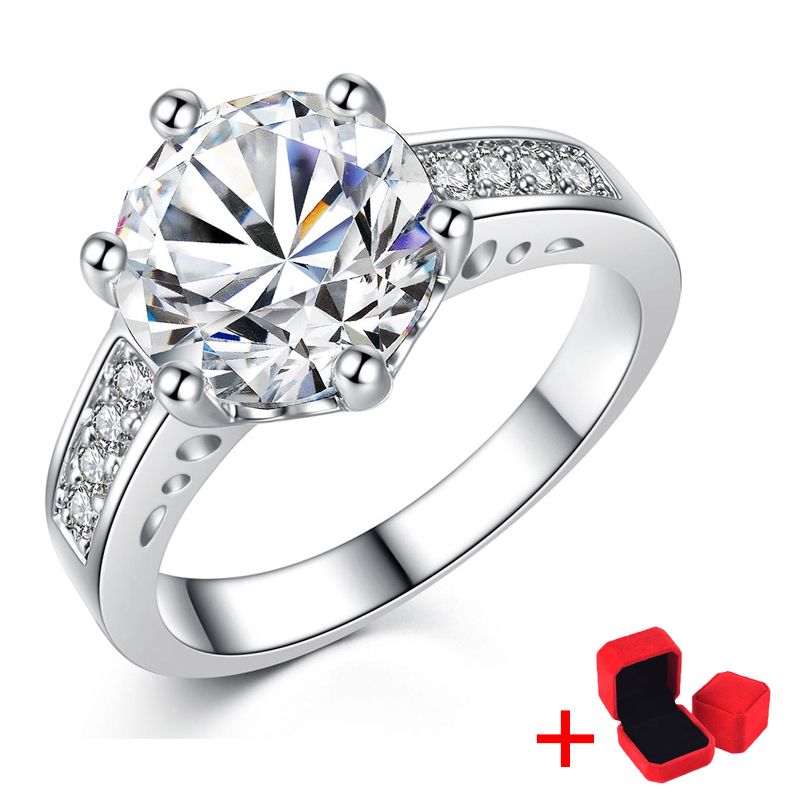 Elegant Setting Wedding Ring+ Ring Box Silver