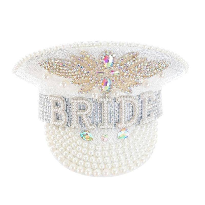 Gleaming Bride Hat Pearls Captain Hat Encrusted Rhines and Delicate Tulle Flower Diamond-studded Hand Beading Hat
