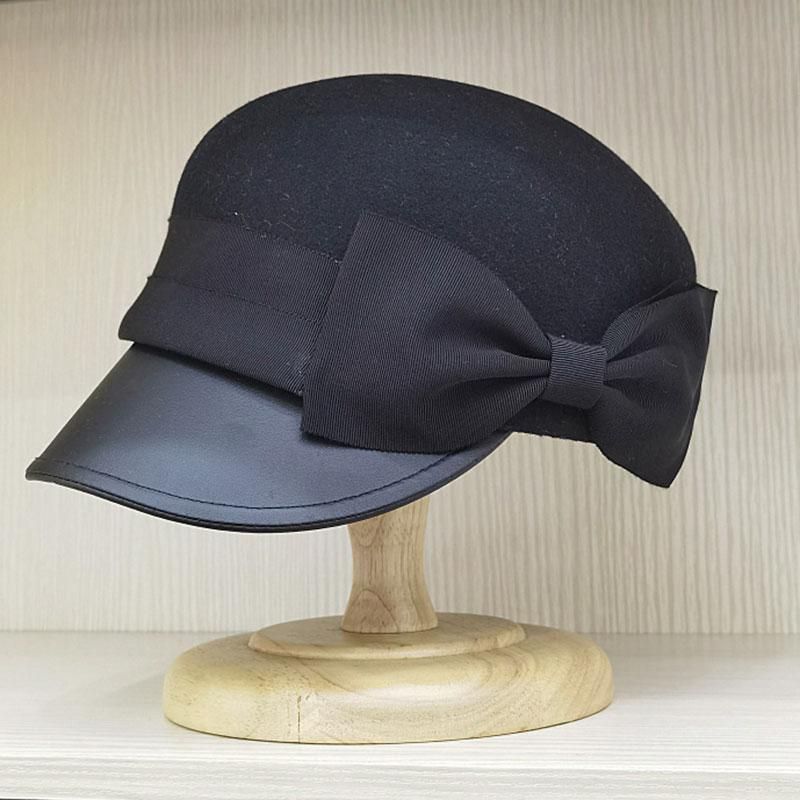 Winter Cap With Bowknot sboy PU Leather Wool Casual Hats Adjustable For Lady Bla  White Chapeu Fedora Equestrian Cap