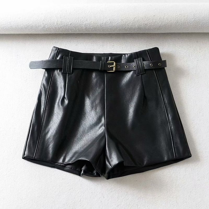 (Black)Tangada Women Brown Pu Leather Skirt Shorts With Belt Zipper Female High Waist Ladies Casual Shorts 1Y07 DOU