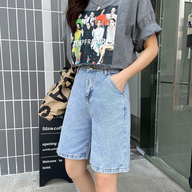 (Blue)Ailegogo New Summer Women High Waist Wide Leg Black Denim Shorts Casual Female Loose Straight Button Jeans Bermuda Shorts DOU