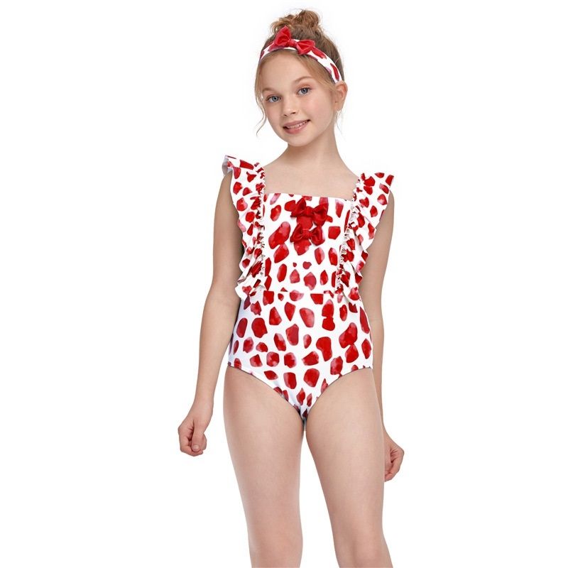 Dot Pattern Ruffled Baby Girls One-piece Swimsuit With Bow-knot Decoration (Red Size:152)