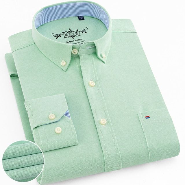 Men's Regular-Fit Long-Sleeve Sturdy Knit Oxford Shirt Embroidered Pocket Button-down Casual Versatile Shirts Mint Green