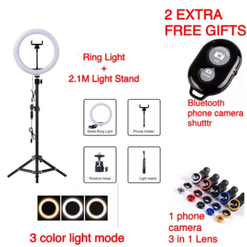 26cm Led Selfie Ring Light With 2.1m Tripod Stand & Phone Holder For Live Stream/youtube