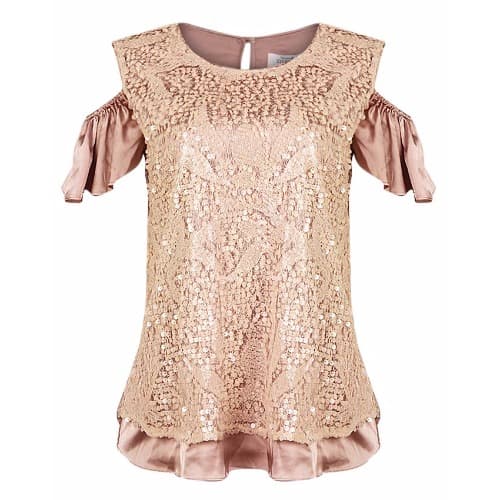 Sequin Cold Shoulder Top-Nude