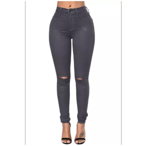 Slit Knee Denim Pants - Grey