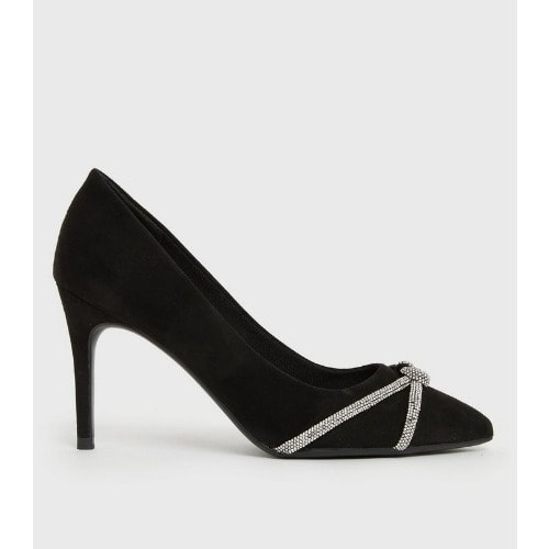 Suedette Diamante Stiletto Heel - Court Shoes - Black