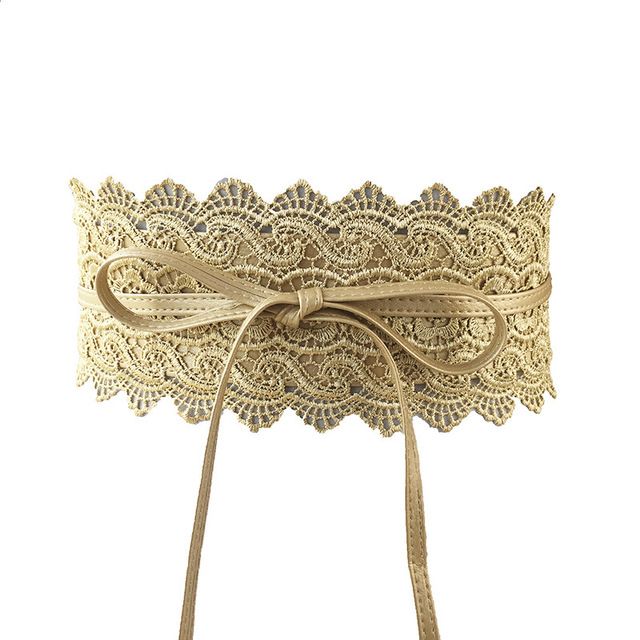 Women Bow Lace Belt Corset Wide Belts For Women Black White Female Self Tie Obi Cinch Waistband Wedding Dress Waist Band(#Gold)
