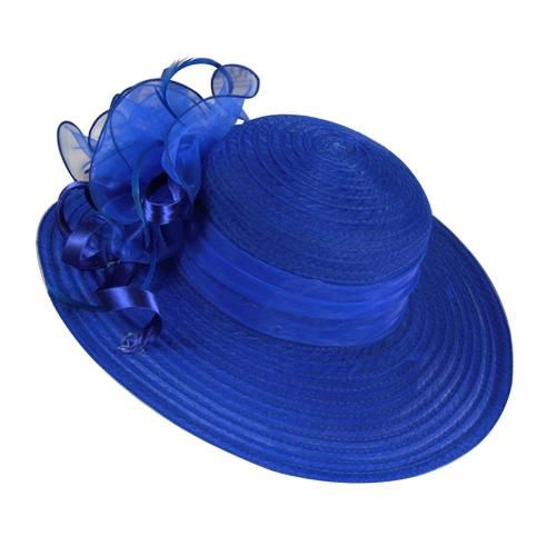 （Blue）65% Dropshipping!Ladies Hat Organza Floral Wide Brim Kentucky Derby Church Dress Sun Hat  RA