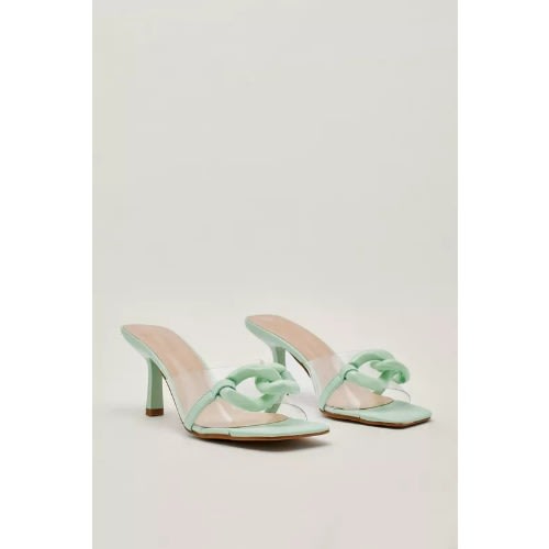 Faux Leather Clear Chain Front Detail Mules - Green