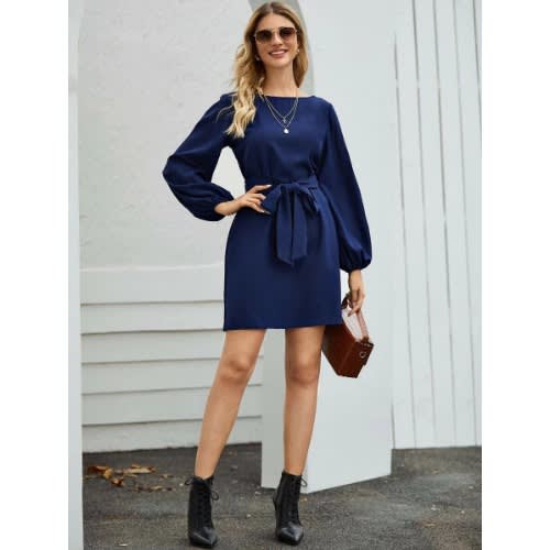 Boat Neck & Bishop Sleeve Belted Dress-Blue