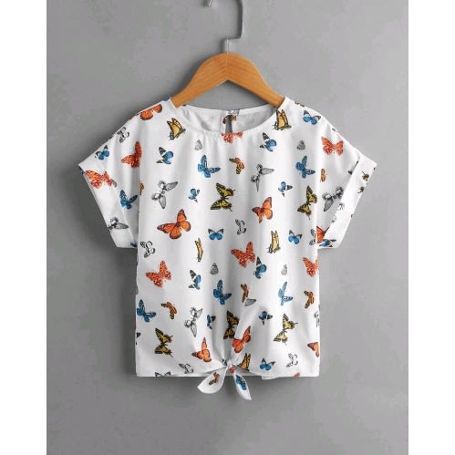 Girls Butterfly Print Cuffed Sleeve Knot Hem Top- Multicolour