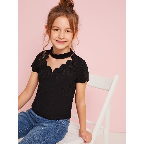 Girls Scalloped Choker Neck Ribbed Top - Black