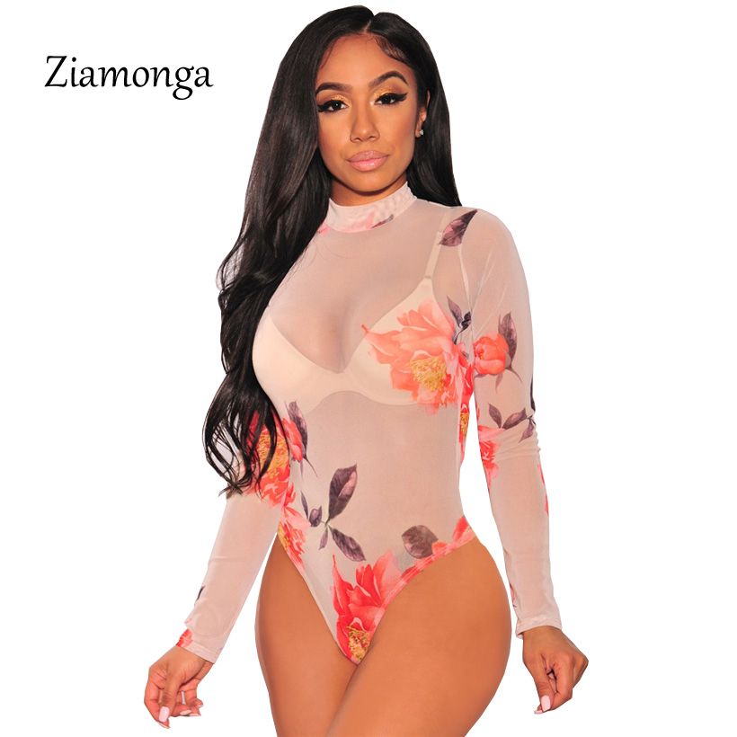 Sheer Turtleneck  Club Jumpsuits Women Rompers Lace  Overalls Body Long Sleeve Black Flower Mesh Bodysuit-S3184  Khaki