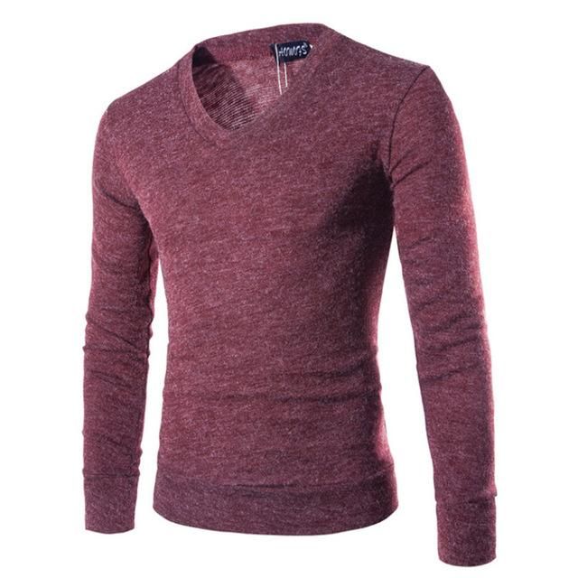 Cotton Sweater Men Long Sleeve Pullover  Outwear Man V-Neck Sweaters Tops Slim Solid-Red Wine
