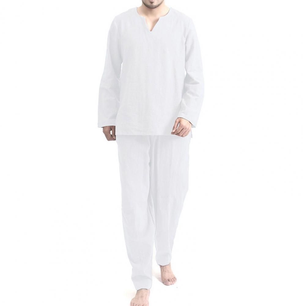 2pcs/Set Pajama Sets Men Long Sleeve Pullovers Top Elastic Waist Pant Pijamas Male Sleepwear Nightwear Pyjama Homme White Size L