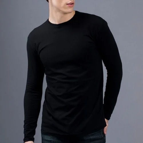 Plain Long Sleeve Round Neck Unisex T-Shirt - Black