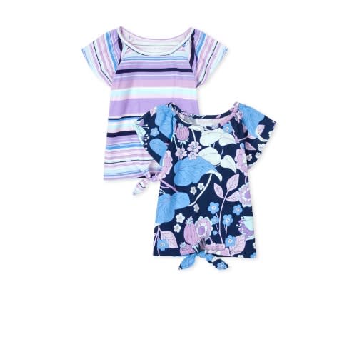 Girls Floral Striped Knot Tie Top - Blue Lilac 2 In 1