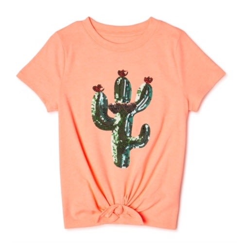 Girls Sequined Cactus Friends Short Sleeve T-shirt - Peach