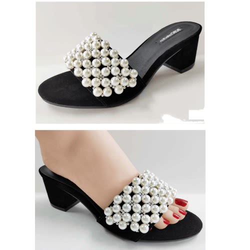 Ladies Block Heeled Beaded Suede Black Slippers