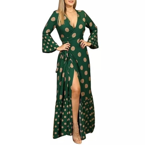 Polka Dot Wrap Maxi Dress- Green