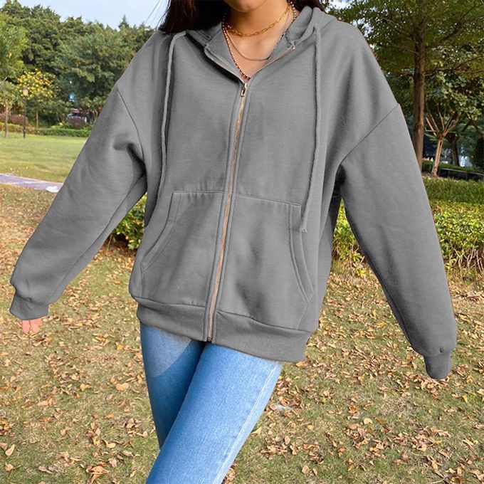 Casual Sweatshirt Zipper Outwear Loose Pocket Collar Sleeve Grey XL