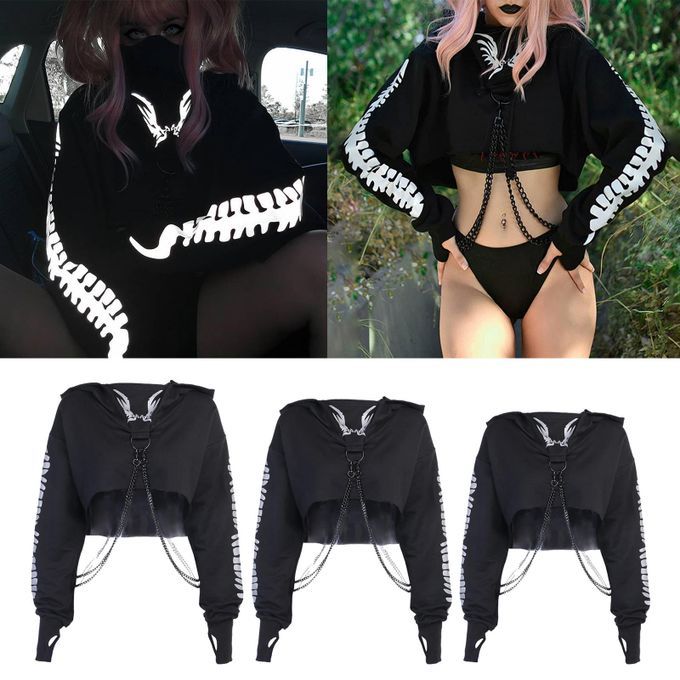 Cropped Hooded Sweatshirt Reflective Pattern Chained Pullover For S
