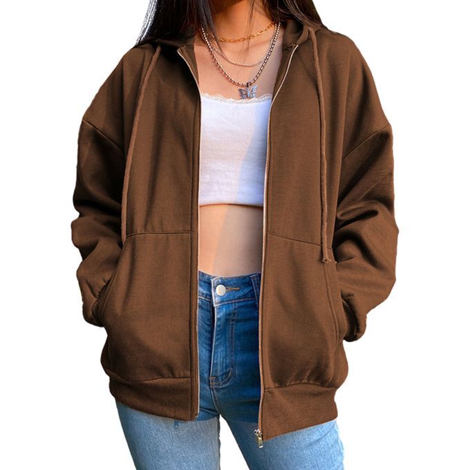 Casual Sweatshirt Zipper Outwear Loose Pocket Collar Sleeve Coffee 2XL