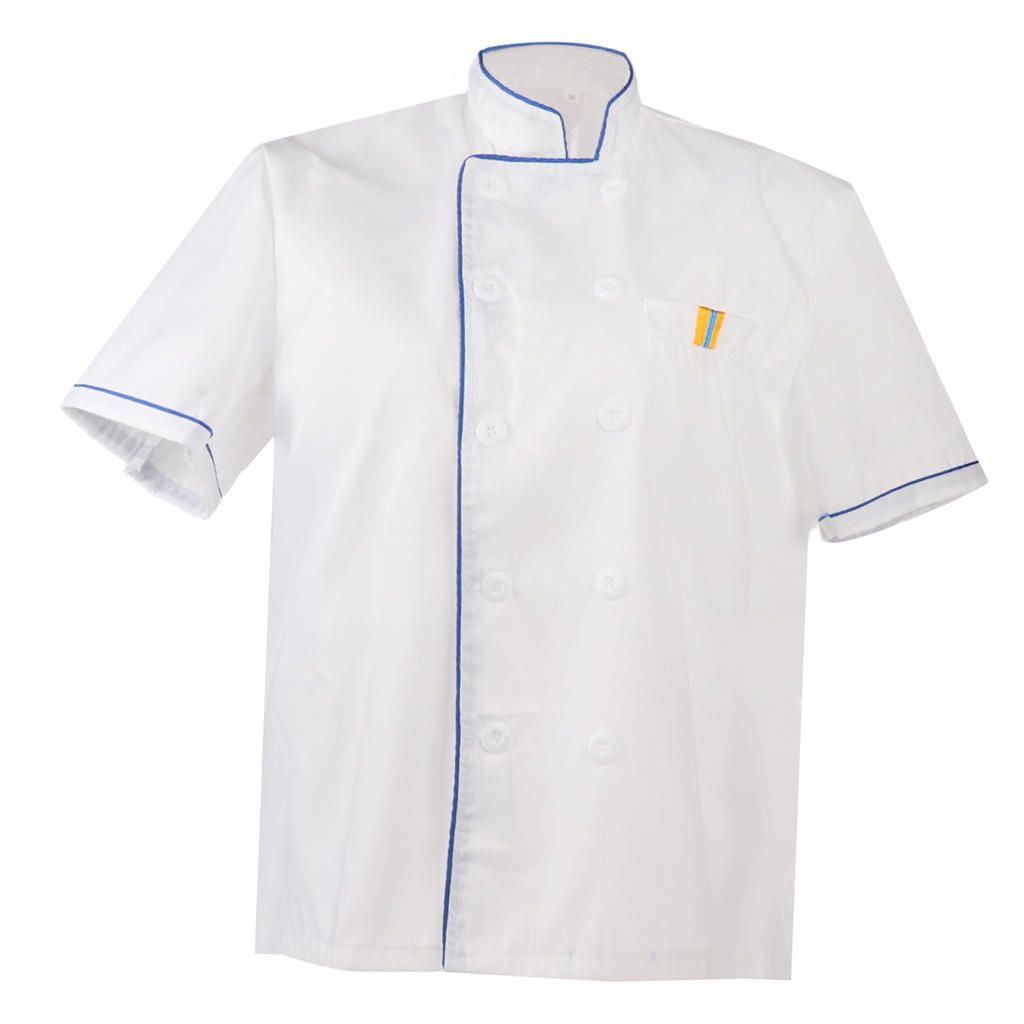 Ladies Gentleman Single Breasted Short Sleeve Cook Chef Jacket XL Blue