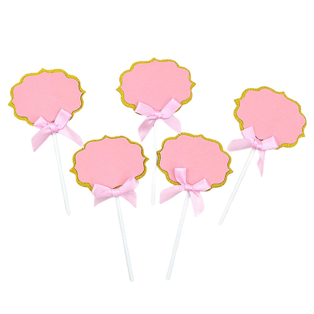 Birthday Cake Topper 50pcs Cupcake Topper Label Marker Kit with Ribbon Pink