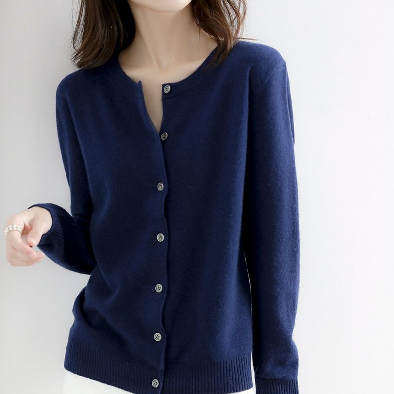 Women Cardigans Sweater O-neck Spring Autumn Knitted Cashmere-Navy Blue