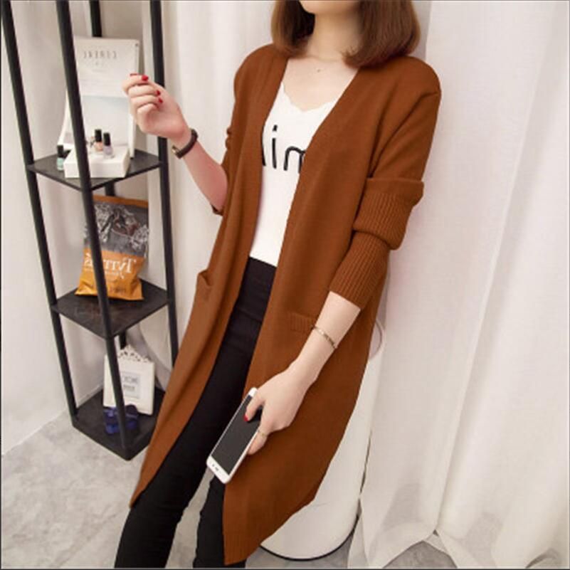Women Long Cardigan Ladies Solid Outerwear Female Sweater Cardigans-brown