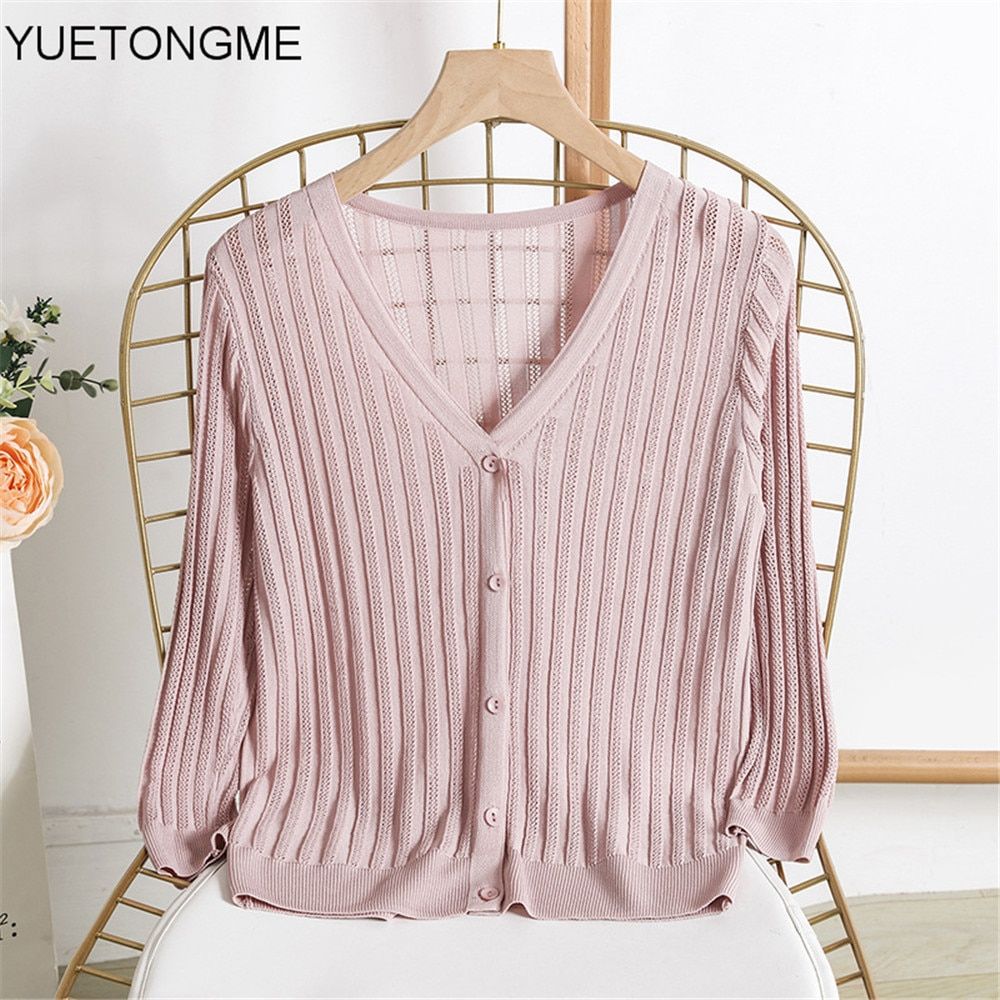 Women Thin Knitted Cardigan Korean V-neck Knitwear Fashion Short-Pink