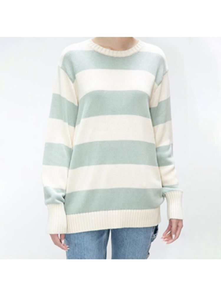 (green)PUWD Cute Girls O Neck Striped Sweaters Pullover Cotton 2022