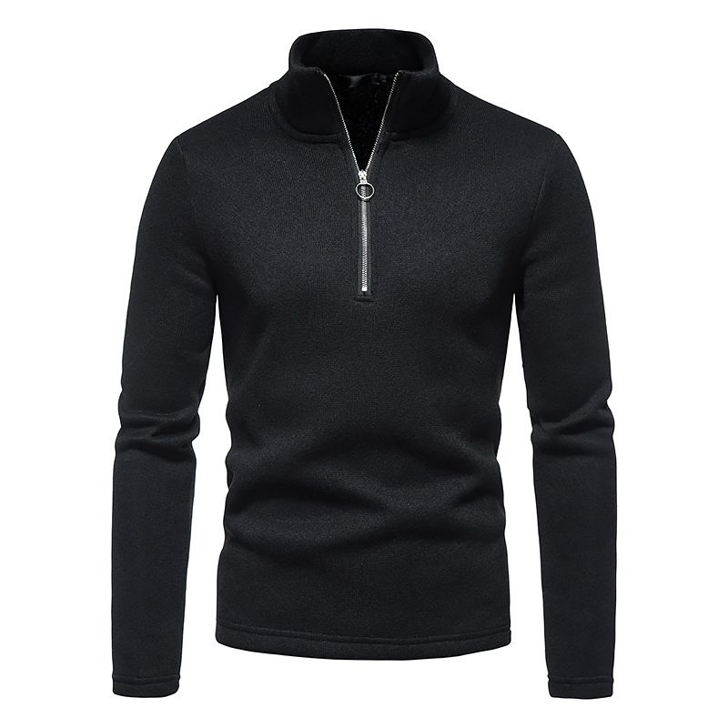 Warm Men's Long Sleeve Sweater Fashion Stand Collar Zipper Sweater Casual Solid-Black
