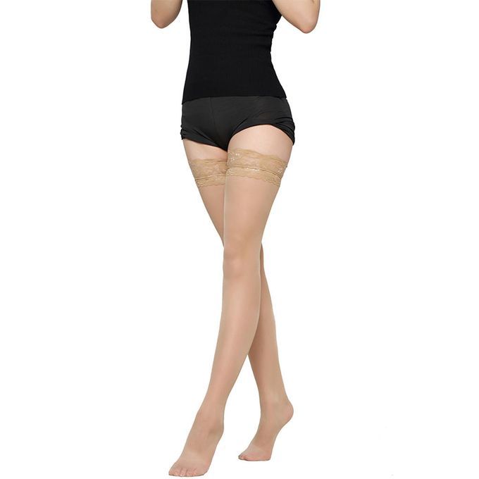 Sexy Ladies Sheer Lace Top Thigh High Elasticated Hold Up Skin