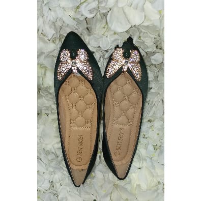 Butterfly Brooch Flat Shoes - Army Green