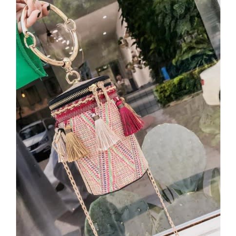 Drum Shape Tassel Handbag With Chain Handle - Red