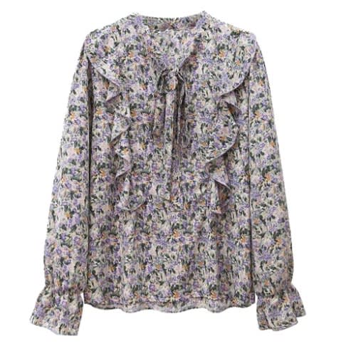 Floral Side Frill Blouse - Purple