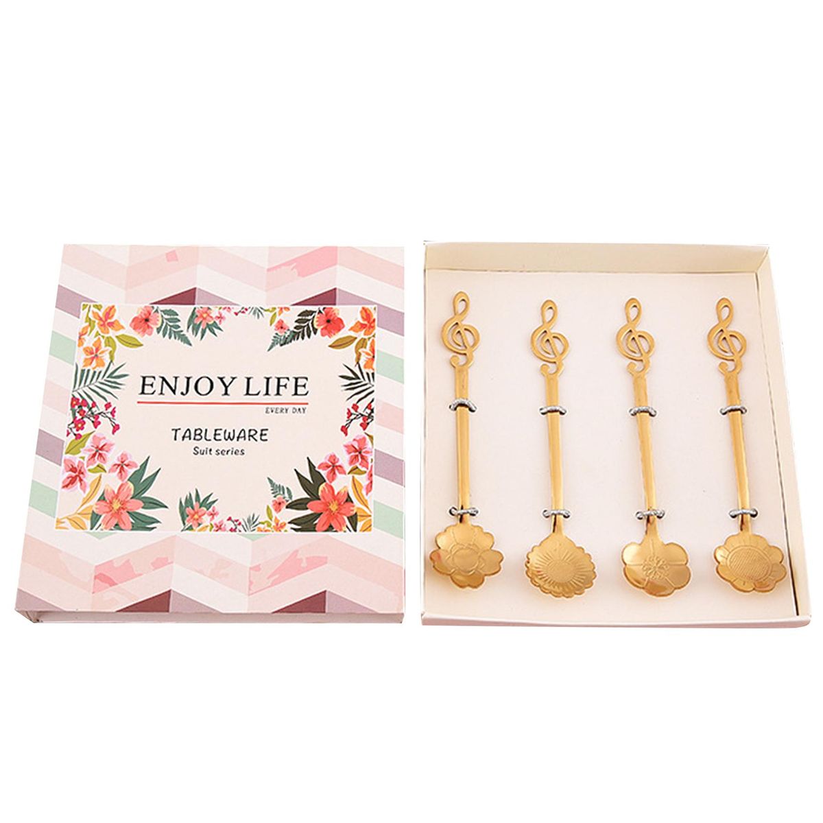 4PCs Stainless Steel Teaspoons Set Coffee Spoons Dessert Spoon Sugar Spoon Ice Cream Spoon Espresso Spoons Stirring Spoons with Flower Patterns Music Note Handle Suitable for Tableware Kitchen Cage Bar Gift , 5.3 Inch