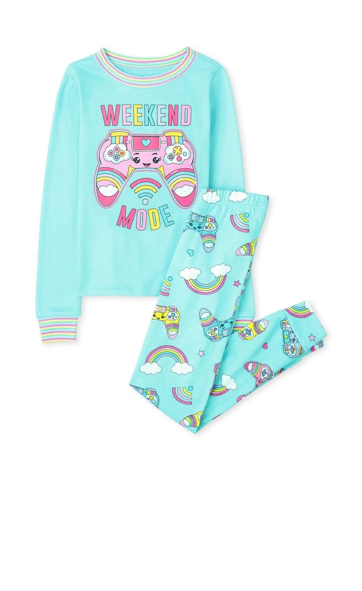 Girls Rainbow Weekend Mode Snug Fit Cotton Pyjamas Sleepwear- Aqua